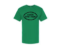 Green tee shirt with a black graphic of a distressed football with "I hate this team" inside of the football.